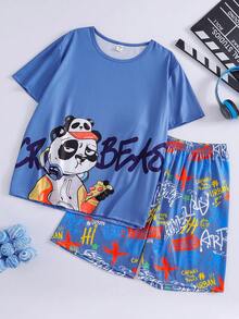 Bộ đồ mặc nhà 2 mảnh màu xám chủ đạo họa tiết da hổ, tay ngắn và quần short, thích hợp cho thiếu niên nam. - Màu xanh lam - Xem 1
