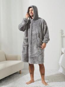 男士加厚长款带口袋毛绒连帽浴袍，适合秋冬季穿着。 - 灰色 - 查看 6