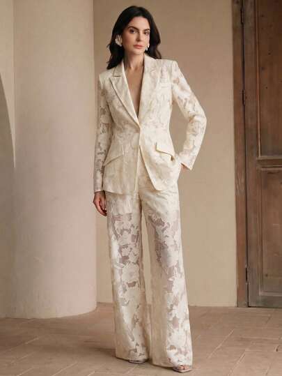 Anewsta Conjunto de traje casual y versátil de mujer con diseño floral jacquard hueco aleatorio, adecuado para primavera a verano, atuendos de vacaciones para mujeres