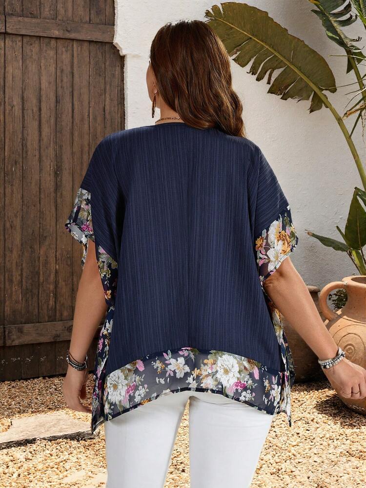 Plus Size Women Patchwork Vacation Pullover Shirt