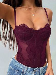 SHEIN PETITE 女款細肩帶蕾絲拼接黑色束腰上衣 性感新年上衣連身衣 新年女裝 束腰上衣 小碼女款 - 酒紅色 - 查看 6