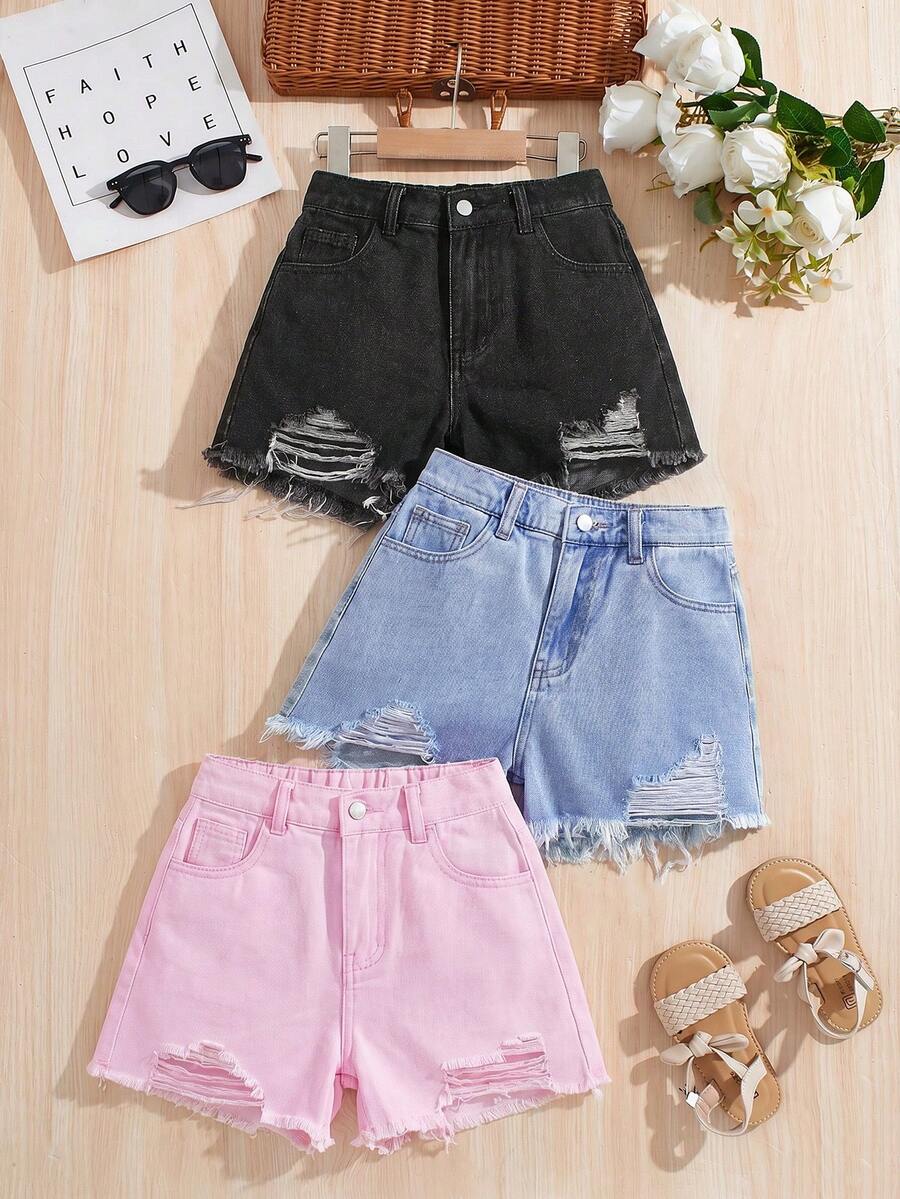 SHEIN Bộ đồ thể thao mùa hè phong cách boho cho bé gái, gồm 3 món màu đen, xanh dương, trắng, quần short denim rộng thùng thình rách có túi xéo, thích hợp cho kỳ nghỉ hè, hòa nhạc, tiệc tùng. - Nhiều màu - Xem 1