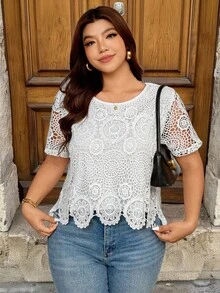 Vionelle Plus Size Women's Hollow Out Double Layer White Summer Elegant Party Casual Vacation Shirt,Spring/Summer Blouses,Cute Tops For Women New Arrivals - White - View 4
