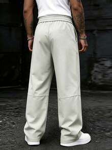 SLATEMANN Pantalones casuales para hombres con cintura elástica, pantalones rectos color beige, minimalistas y versátiles - Beis - Ver 2