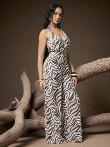 SHEIN Haute Bộ jumpsuit hở lưng, cổ yếm, in họa tiết toàn thân, gợi cảm, thích hợp cho mùa hè. - Nhiều màu - Xem 5