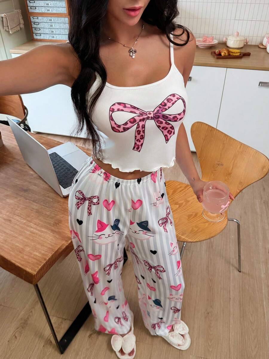 SweetSlumber Sweet Ins Style Bow Tie Cartoon Striped Contrast Color Camisole Pajama Set For Women - Multicolor - View 1