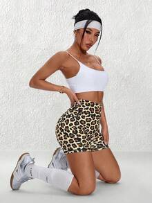 SHEIN Dewbera 女士时尚豹纹高腰拼接口袋修身运动短裤 - 棕色 - 查看 5