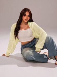 Rustia Áo khoác cardigan tay cánh dơi mới dành cho nữ cỡ lớn - Vàng nhạt - Xem 6