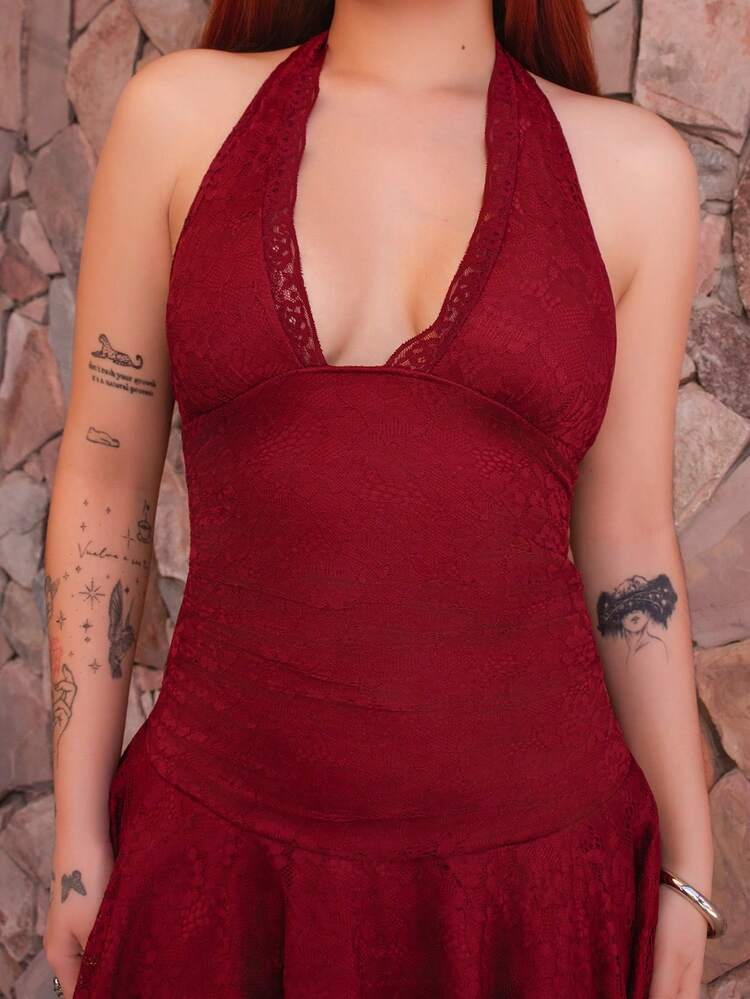 Sweetra 女士露背蕾丝拼接酒红色性感优雅连衣裙 - 酒紅色 - 查看 3