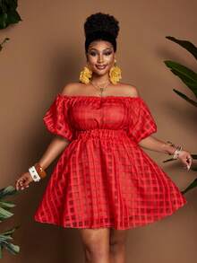 Plus Size Women's Elegant Vacation Party Strapless Tube Short Sleeve Mini Dress - Red - View 1