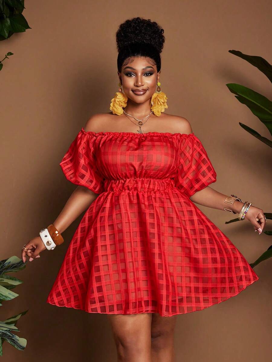 Plus Size Women's Elegant Vacation Party Strapless Tube Short Sleeve Mini Dress - Red - View 1
