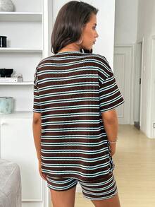SHEIN Bộ 2 món áo thun và quần short kẻ sọc dành cho bà bầu. - màu nâu - Xem 2