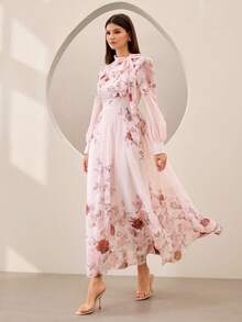 Elegant Rose Print Stand Collar Tie-Waist Flowy Chiffon Dress - Pink - View 4
