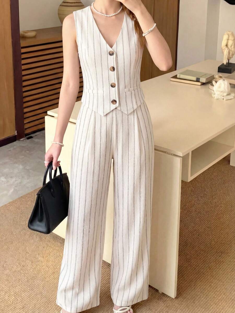 SHEIN Girlism 2件套儿童/少女春夏条纹编织优雅休闲无袖上衣和裤子套装,返校季 - 杏色 - 查看 1