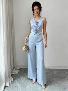 Modelyn Women's Elegant Sleeveless Floral Vest And Wide Leg Pants Set, Chic Commuter Outfit, 2 Pieces Golf Pastal Summer - Blue - View 3