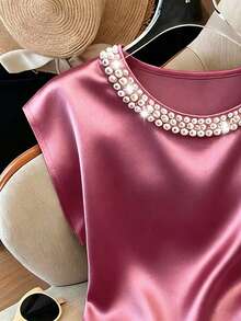 Franclia Áo thun không tay dáng rộng, thanh lịch, cổ ngọc trai kiểu Pháp, chất liệu satin, eo cao, thích hợp mặc thường ngày và đi nghỉ mát, mùa xuân/hè. - Màu Hồng  San hô - Xem 4