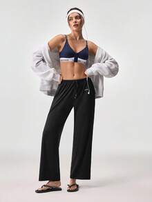 Loungeista 1件女款春夏字母印花抽繩色寬腿褲，直筒休閒居家睡褲，經典百搭適合夏季戶外穿著 - 黑色 - 查看 8