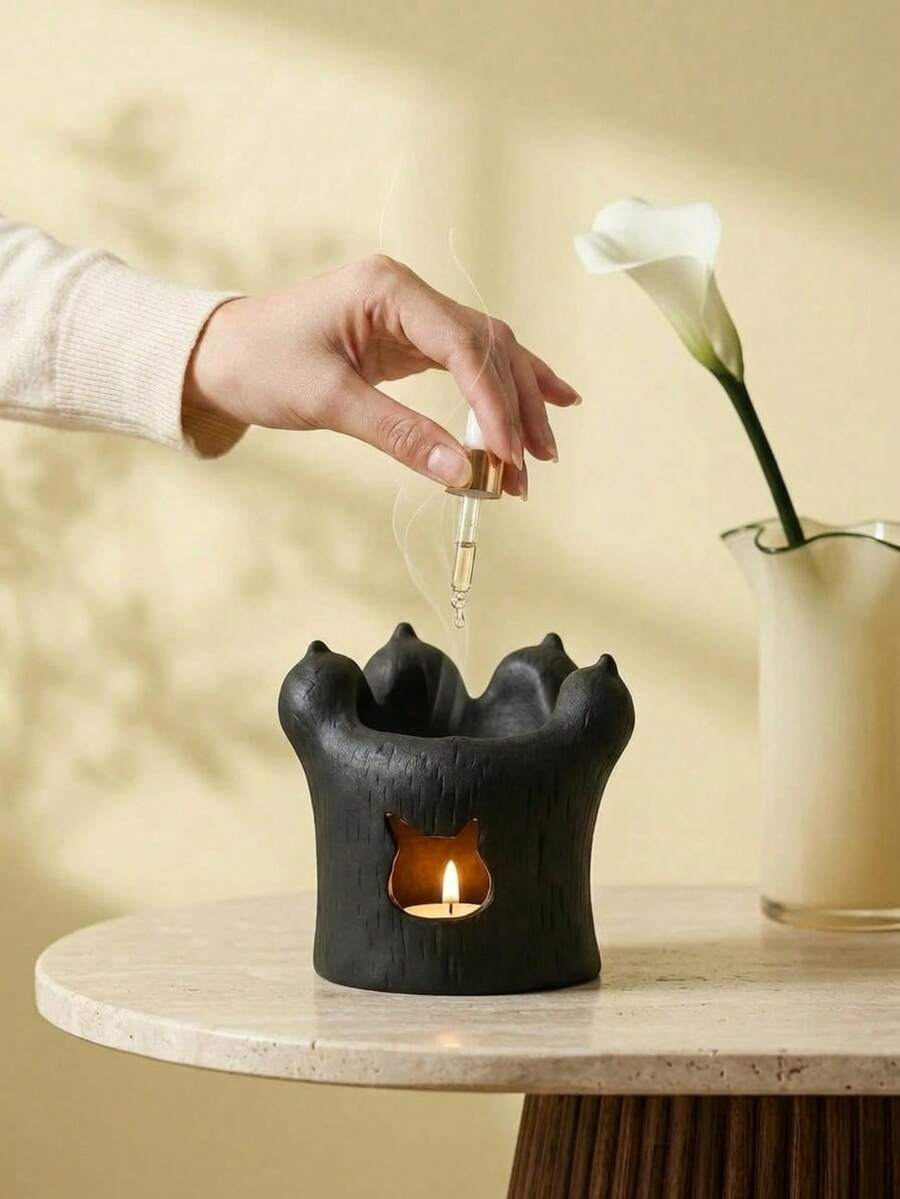 Cirelle 1pc Black Cat Paw Shaped Ceramic Aroma Stove, Cute Cat Silhouette Cutout Wax Melt Warmer, Handmade Textured Candle Holder For Essential Oil Diffuser, Tabletop Decorative Aroma Stove For Bedroom Living Room Yoga Spa, Ideal Gift For Cat Lovers, Housewarming, Birthday, Valentine's Day, Holiday Party Favors - multicolor - View 1