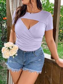 Easura Plus Size Women's Solid Color Round Neck Short Sleeve Cutout Design Casual T-Shirt - Mauve Purple - View 4