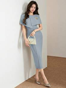 Heiryn Women's Solid Color Metal Decor Fitted Elegant Dress,Dresses For Women Summer - Blue - View 5