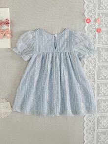 SHEIN Baby Girl Butterfly Decor Short Petal Sleeve Casual Dress - Blue - View 2