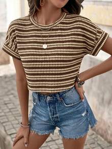 Brillora Women's Brown Stripe Knit Crop Top, Summer Casual Vacation Short Sleeve Crew Neck Cropped T-Shirt, Loose Fit Textured Boho Style Lightweight Blouse - Brown - View 2