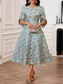 SHEIN Lady Đầm dài nữ thanh lịch cổ tròn thắt eo bằng vải jacquard, thích hợp cho mùa hè. - Màu xanh nước - Xem 6