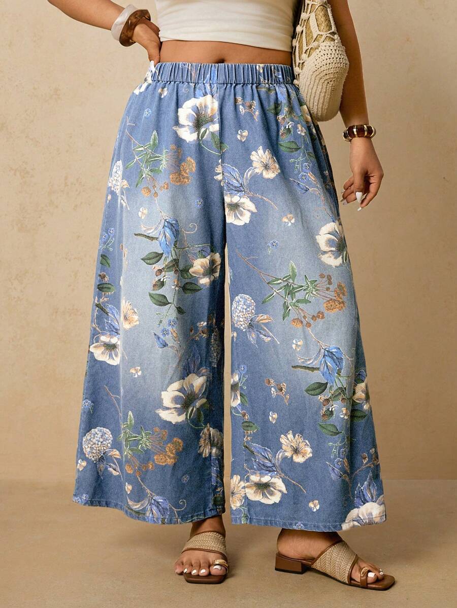 Travachic Quần jean ống rộng in hoa cạp chun dành cho nữ cỡ lớn - Rửa nhẹ - Xem 1
