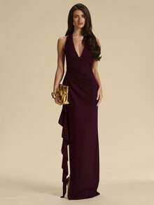SHEIN BAE Spring & Summer Bridesmaid Dress, Deep V-Neck Halter Ruffle High Slit Ruffled Wrap Long Red For Women, Elegant Maxi - Maroon - View 3