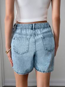 SHEIN Women's Maternity Rhinestone Denim Shorts,Light Blue High Rise Washed Stretchy Jean Shorts With Sparkle Accents,Summer Casual Everyday Loose Fit - Medium Wash - View 2