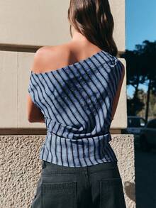 Nöista Fitted Top In Diagonal Blue And Black Stripes, Asymmetrical Neckline Showing One Shoulder With A T Of Gathering On The Sides.Spring Festival, Summer - Baby Blue - View 2