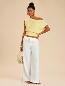 Travachic Damen Sommer Lässig Urlaubsstil einfarbiges Shirt mit bestickter Mesh-Applikation und asymmetrischem Saum, weites Cropped Strickoberteil - Gelb - Übersicht 3