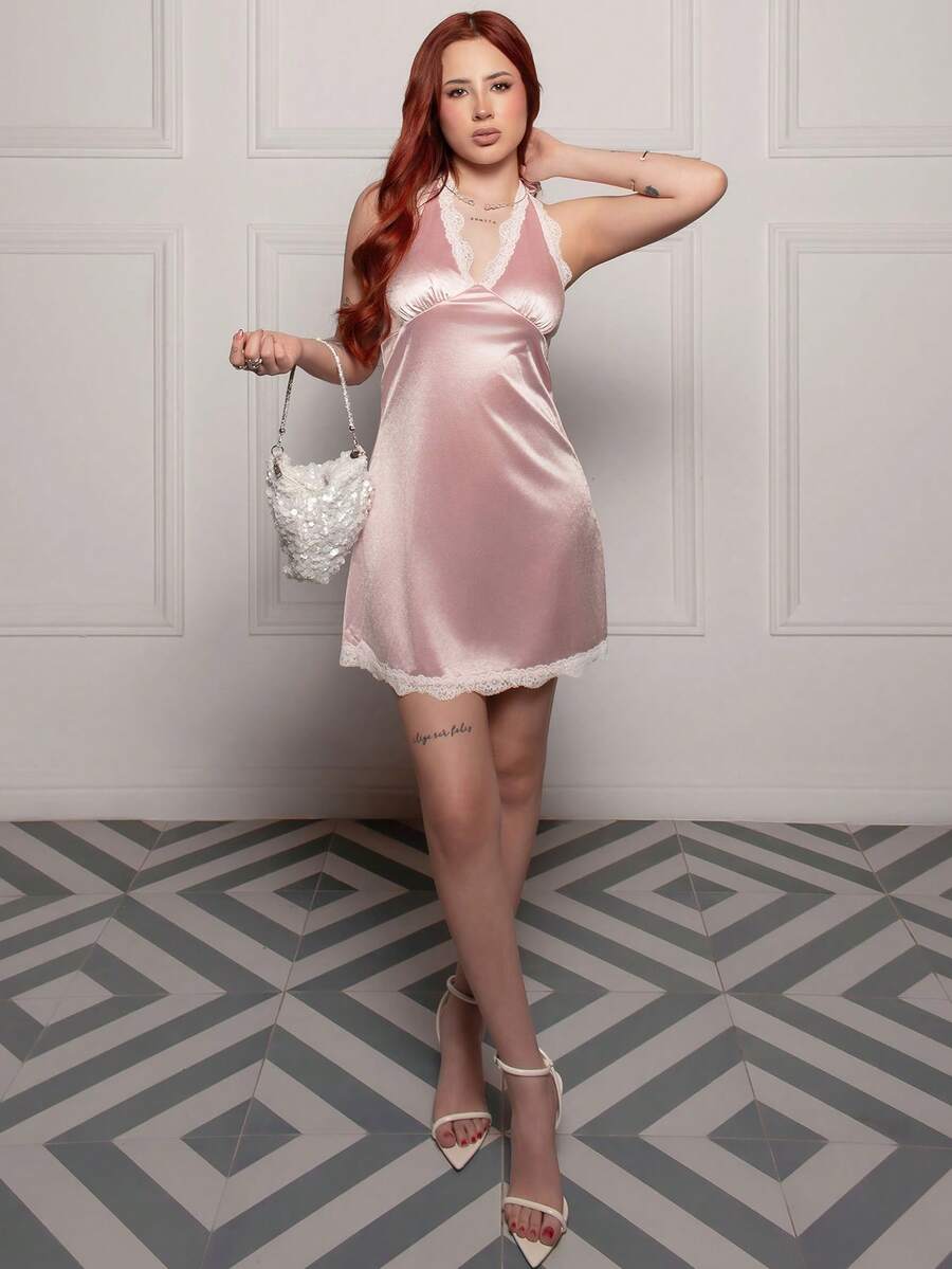 SHEIN Sweetro 女士春季蕾丝边V领修身A字性感粉色连衣裙 - 粉色 - 查看 1