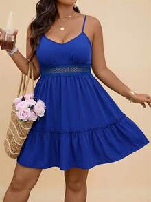 Travachic Plus Size Women Summer Solid Color Backless Spaghetti Strap Short Dress - Blue - View 4