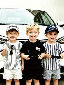 SHEIN Playful Pals Bộ 3 áo thun ngắn tay kẻ sọc và in chữ cho bé trai, phối màu trơn, thích hợp cho các hoạt động mùa hè. - Nhiều màu - Xem 6
