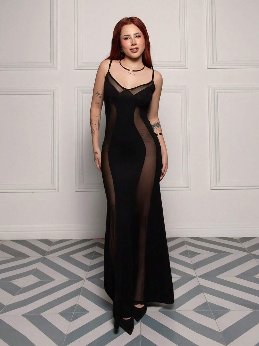 FER DURAN 不对称网眼拼布紧身胸衣美人鱼长裙 - 黑色 - 查看 1
