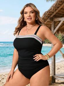SHEIN CURVE+ Plus Size Women's Solid Color Textured Fabric Spaghetti Strap Front Tie Triangle Bikini Set - Black - View 6