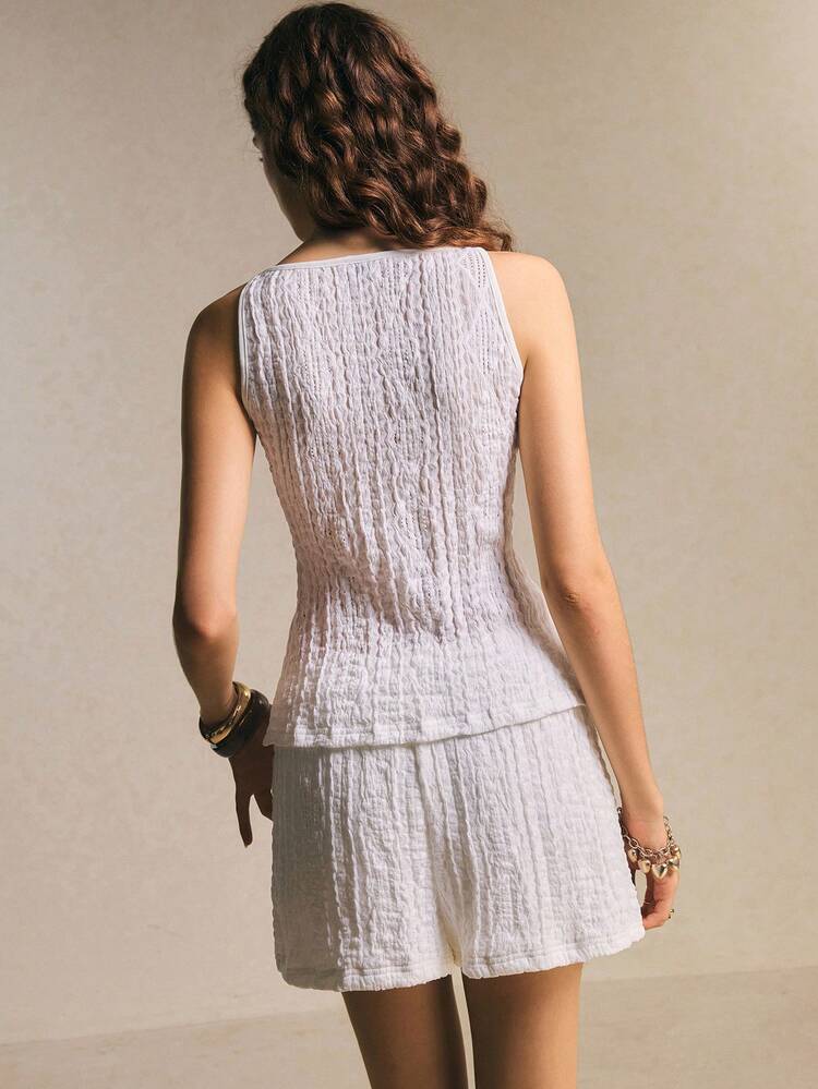 Poéselle Bộ đồ 2 món dệt kim jacquard màu trắng ngà thanh lịch dành cho nữ, trang phục sành điệu kiểu thành thị cho mùa hè. - trắng - Xem 2