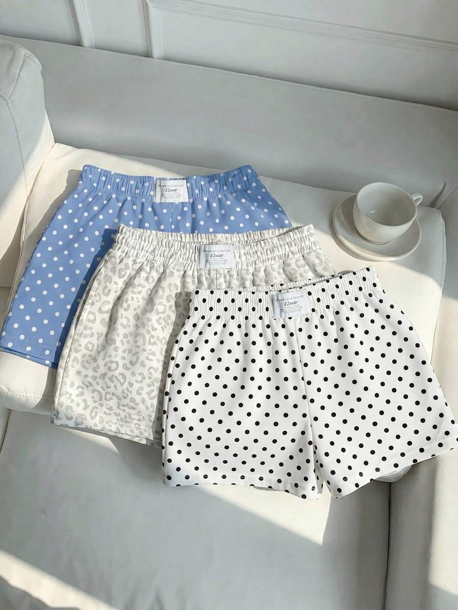 SHEIN EZwear Bộ 3 quần short nữ thoải mái kiểu vintage chấm bi và họa tiết da báo, chất liệu vải dệt, phù hợp mặc hàng ngày, bộ quần short in họa tiết rằn ri. - Nhiều màu - Xem 1