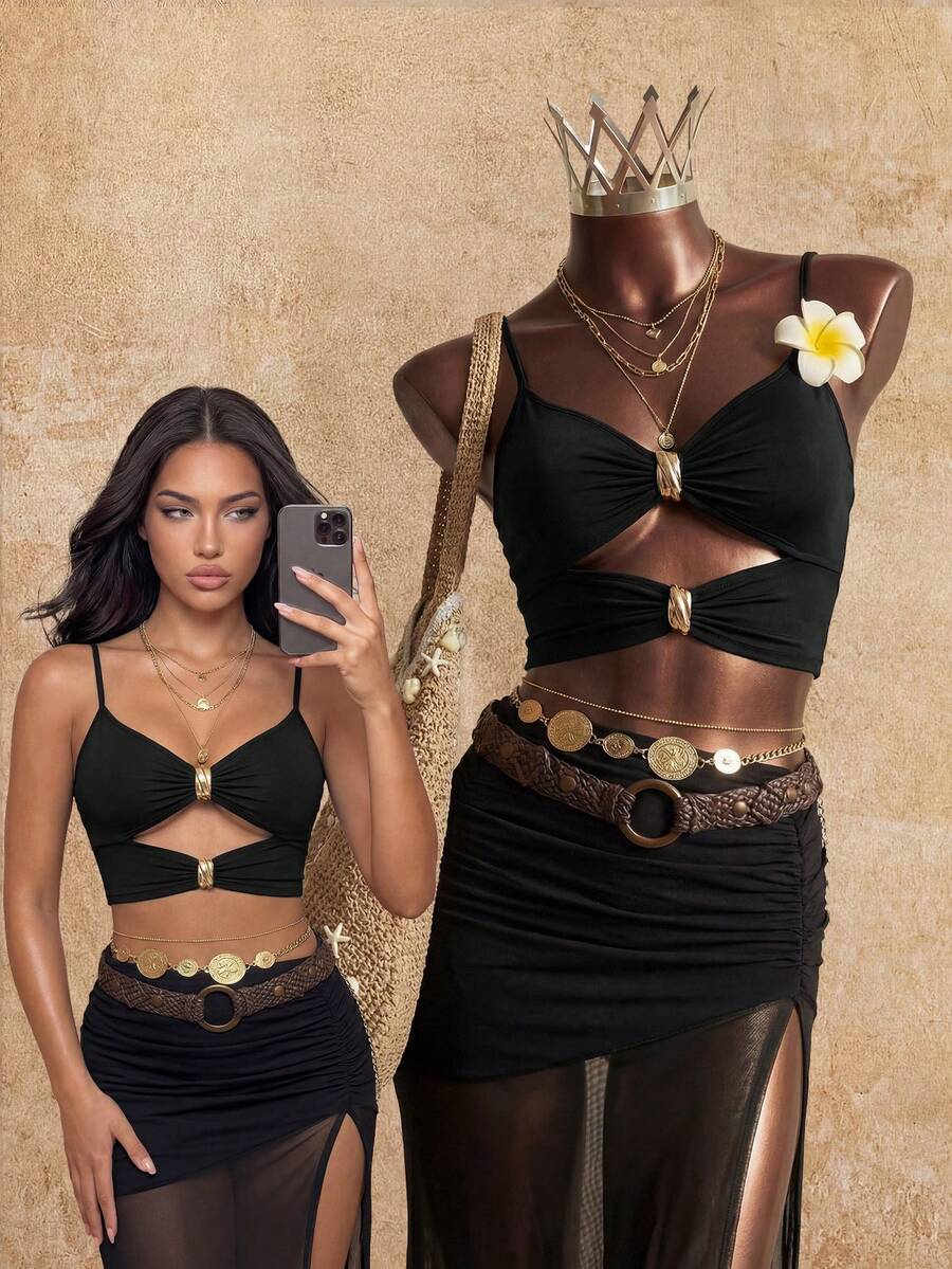 Elin Vora Nouveau débardeur d'été/printemps pour femmes, vacances, plage, festival de musique Y2K, concert sexy, fête entre amies, festival de musique Kocher. Conception pure et délicate avec découpes et décorations métalliques. Top fin et sexy pour la photographie de vacances à la plage.
