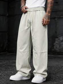 SLATEMANN Pantalones casuales para hombres con cintura elástica, pantalones rectos color beige, minimalistas y versátiles - Beis - Ver 3