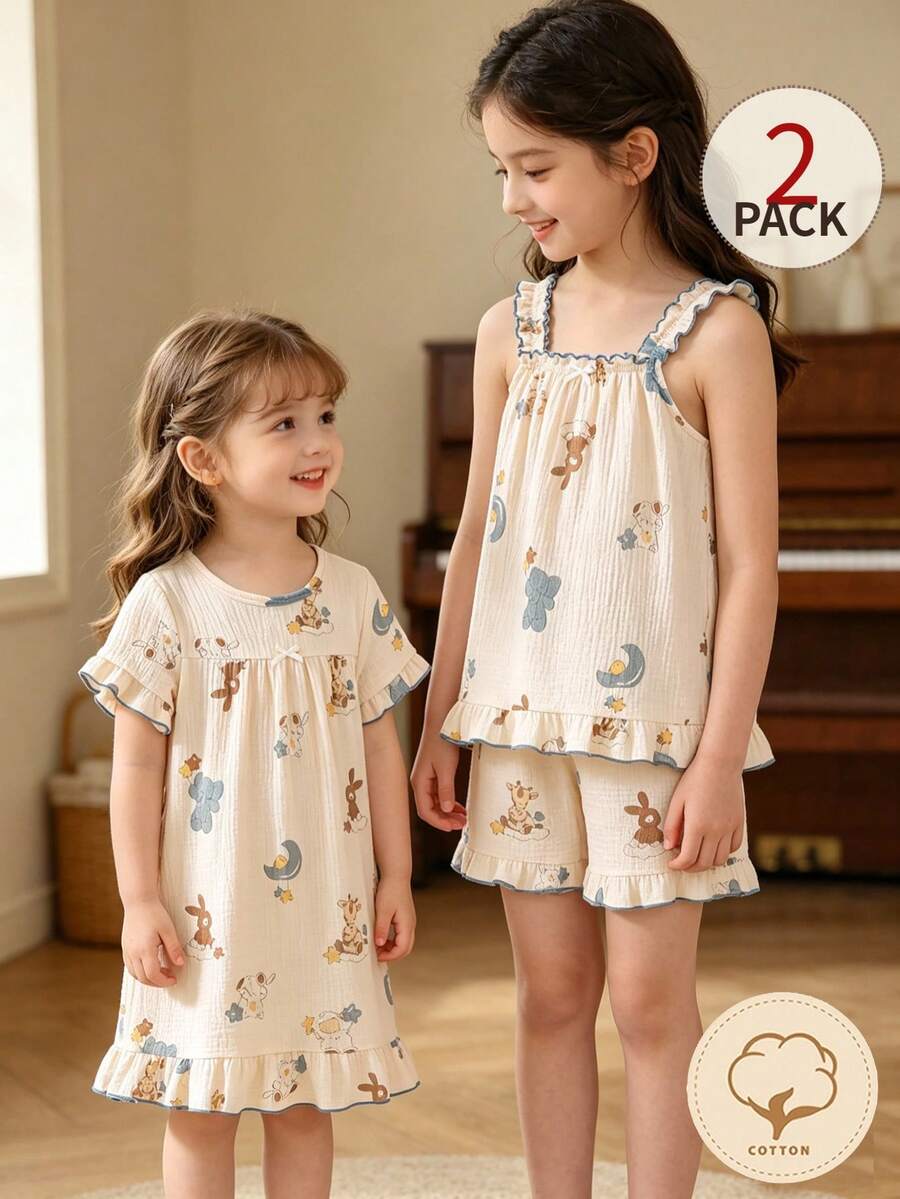 Bộ đồ ngủ 2 món cho bé gái: áo không tay in hình voi, cừu, hươu cao cổ, thỏ, sao và trăng, cùng quần short viền bèo nhún. - Màu be - Xem 1