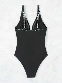 SHEIN Swim Áo tắm liền thân nữ in họa tiết tie-dye phối lưới tương phản, thời trang cho kỳ nghỉ. - màu đen - Xem 2