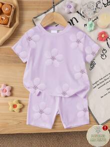 2pcs/Set Young Girls Floral Print Cute T-Shirt And Shorts Set, Fashionable Casual Outfit Suitable For Spring/Summer Vacation - Multicolor - View 5