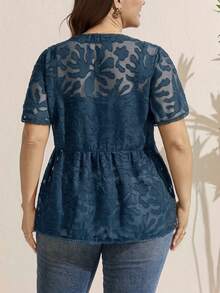 Comfylo Plus Size Women V-Neck Short Sleeve Single-Breasted Casual Shirt - Royal Blue - View 2