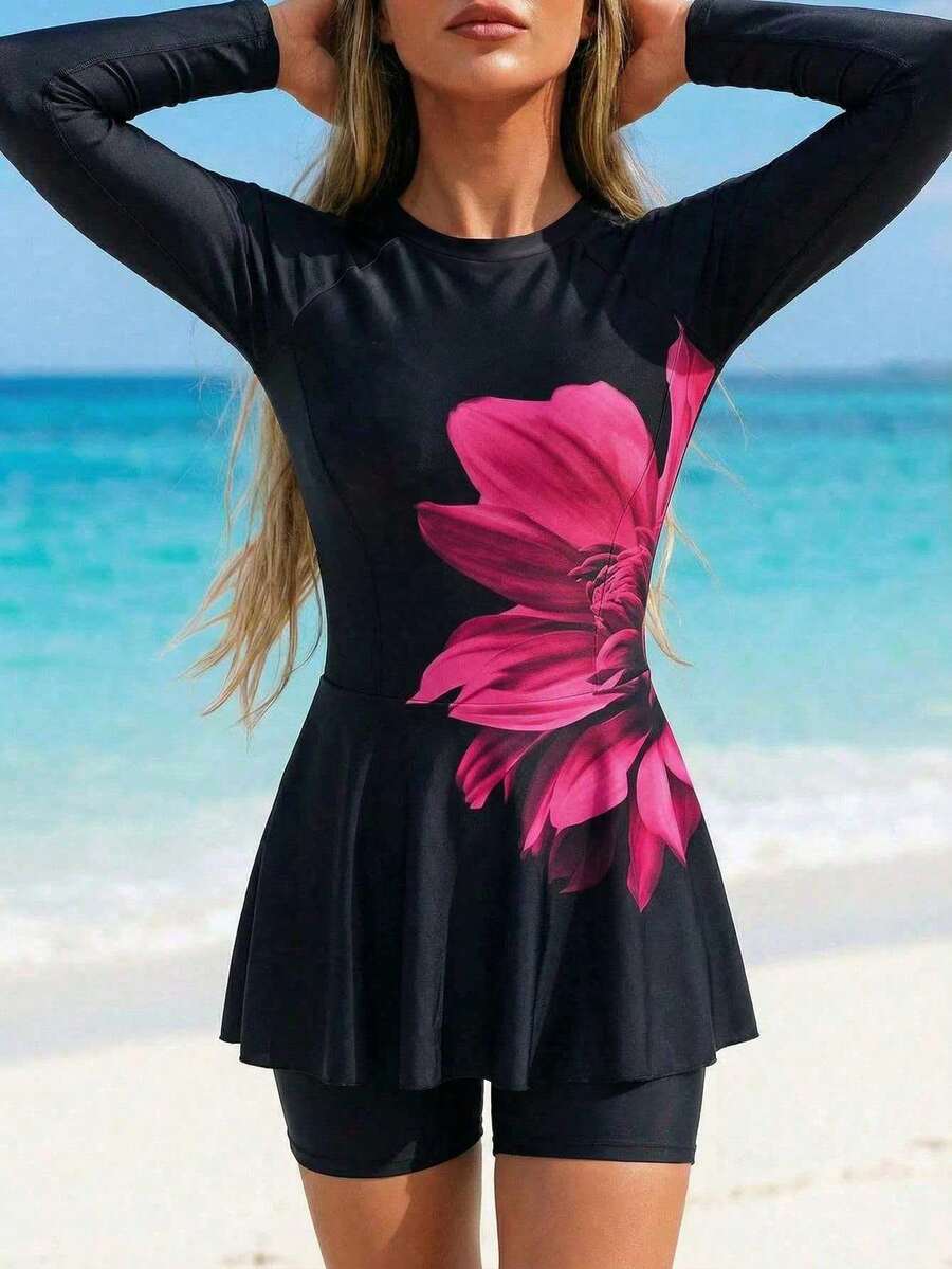 Swim Mulvari 女士印花布基尼泳衣,适合海滩度假,连体泳装,带罩衫,全包覆式泳衣,女士连体连衣裙泳衣,女士长袖上衣 - 彩色 - 查看 1