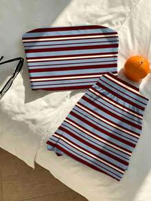 Comfortcana Bộ đồ 2 món phong cách tối giản thường ngày, họa tiết sọc xanh và tím, thích hợp cho mùa xuân/hè. - Nhiều màu - Xem 3