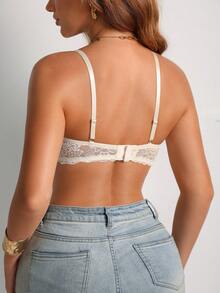 1pc Lace Patchwork Women's Underwire Bra, Lift & Enhance - Beige - View 2