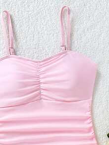 SHEIN 女童两件式坦克泳衣，蓝色条纹女童泳衣，少女泳衣，蓝色条纹少女泳衣，女童蓝色泳衣，暑假 - 粉色 - 查看 5
