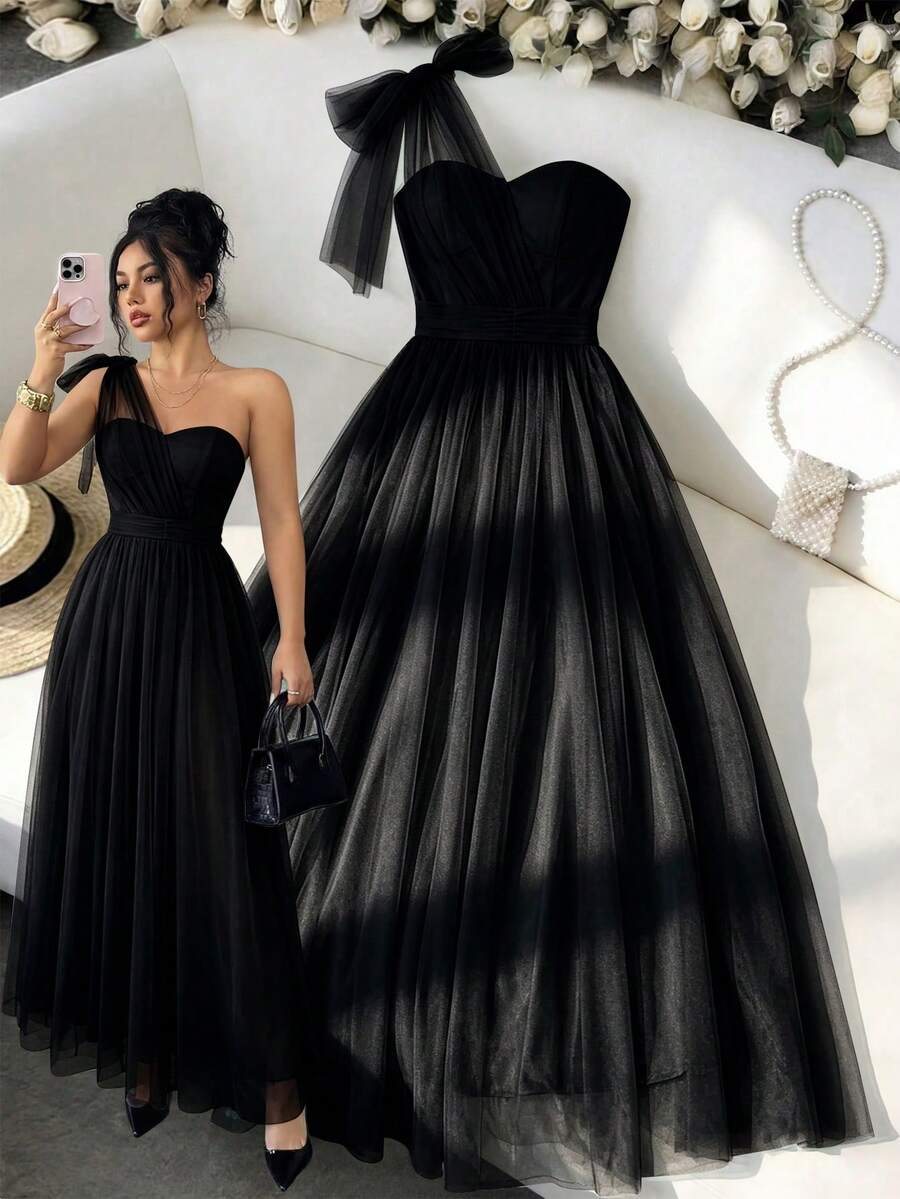 SHEIN Elenzya Đầm chữ A không tay, chất liệu lưới, cổ yếm, thắt nơ ở eo, kiểu dáng thanh lịch và lãng mạn, phù hợp cho đám cưới, tiệc tùng và các buổi họp mặt. - màu đen - Xem 1